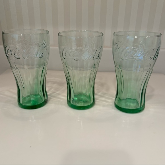 Three Light Green Coca Cola Embossed Contoured Drinking Glasses Tumblers - Picture 3 of 14